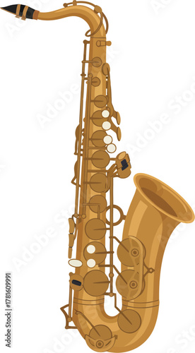 A classic golden brass saxophone musical instrument isolated on a white background.