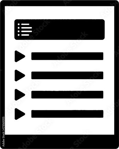 Simple black and white icon of a digital playlist on a screen.