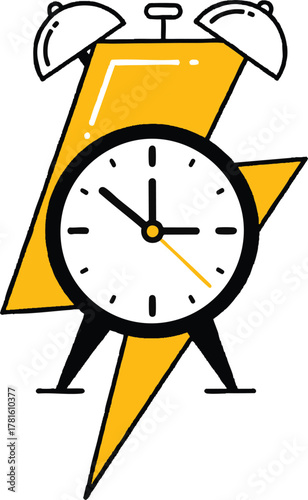 Alarm clock with lightning bolt representing speed time and urgency concept of quickness.