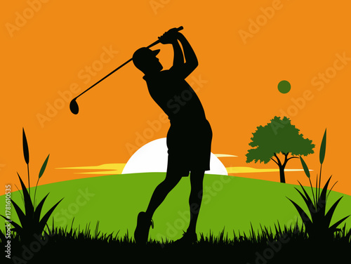 Golfer at Sunset in Mountain Landscape