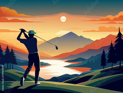 Golfer at Sunset in Mountain Landscape