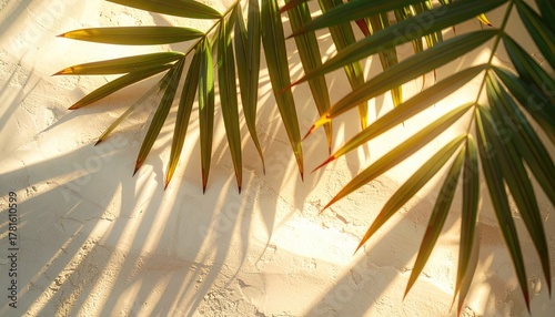 Fototapeta Naklejka Na Ścianę i Meble -  Sunlit White Sand Beach Palm Leaves Gentle Waves Soft Gradient Sky and Clear Turquoise Water Tropical Paradise Serene Landscape