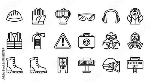 Collection of personal protective equipment line icons isolated on white background
