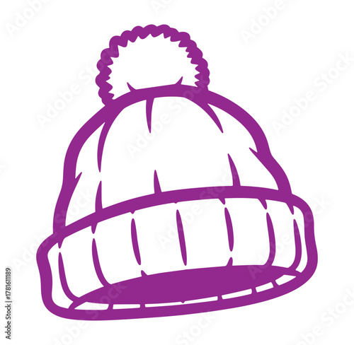 Purple outline illustration of a winter hat with pom pom against a white background