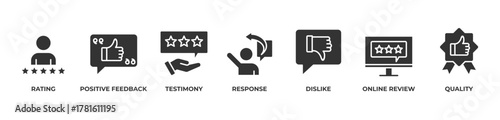 Trusted Quality cons set vector illustration glyph with Rating, Positive feedback, Testimony, Response, Dislike, Online review, Quality
