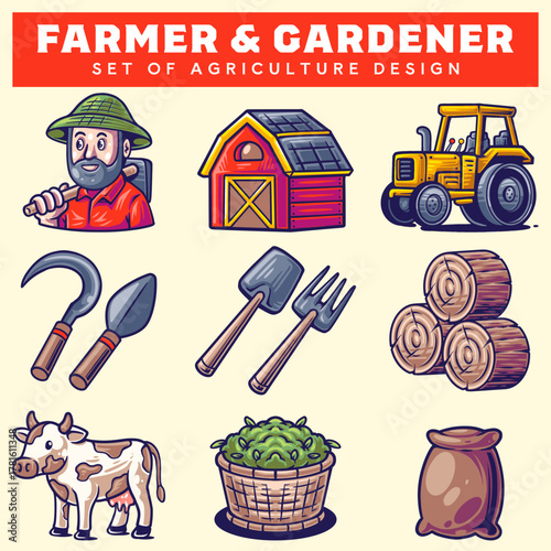 Farmer and Gardener Equipment Collection. Agriculture with Cow, Barn, Tractor. Set Element for Countryside. Rural Farm Tools in Cartoon Colorful Color