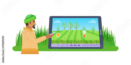 An Indian farmer utilizes modern artificial intelligence technology on a digital tablet to enhance agricultural practices and crop yield in a lush green field.
