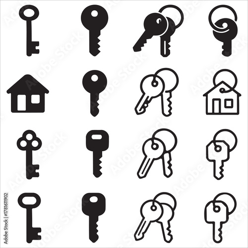 Set of 16 House Key and Keyring Icons: Lock, Home Security, and Access Graphic Symbols