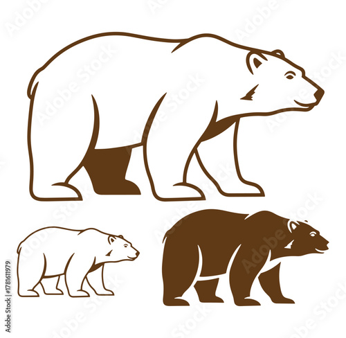 Vector illustration of grizzly bears in different styles and color variations