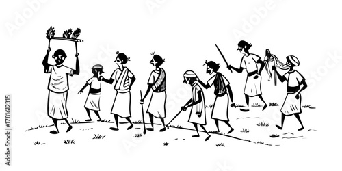 Hand Drawn Indian Village People with Traditional Dress Culture Illustration
