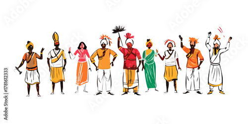 Hand Drawn Indian Village People with Traditional Dress Culture Illustration
