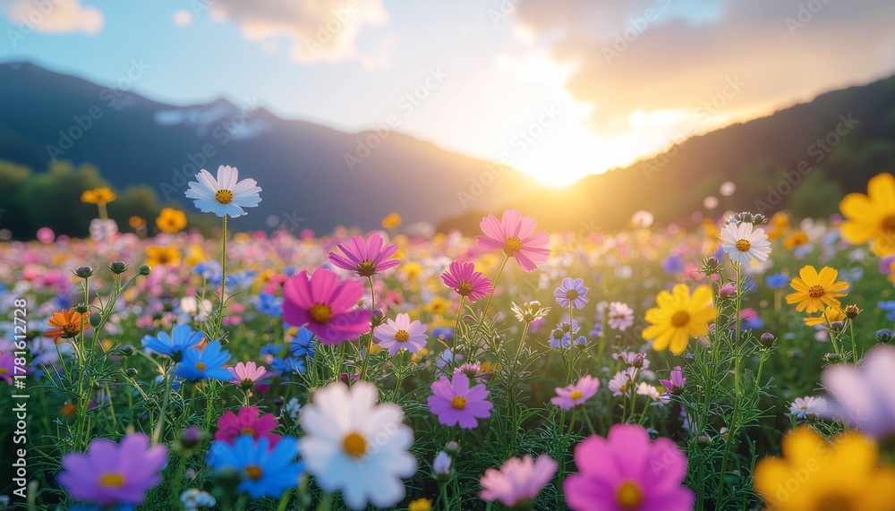 Fototapeta premium Beautiful summer meadow landscape with pink mountain wildflowers under a blue sky