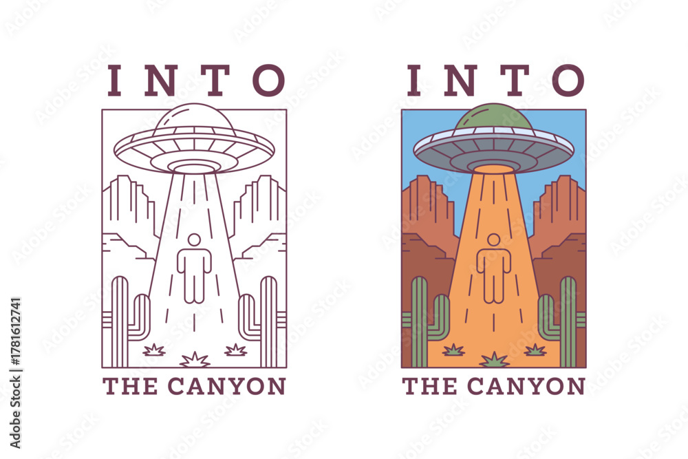 Obraz premium Alien UFO monoline or line art style vector illustration with the words into the canyon
