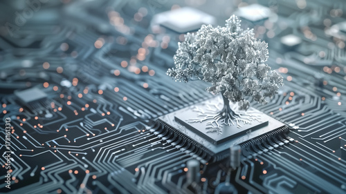 3d render of a silver tree growing on a microchip, circuit board