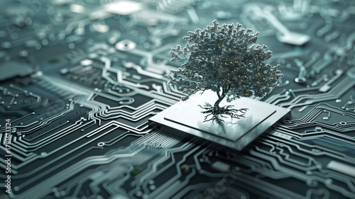 3d render of a silver tree growing on a microchip, circuit board