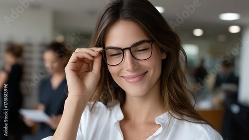 Smiling woman in glasses office setting portrait photography bright environment engaging viewpoint professionalism