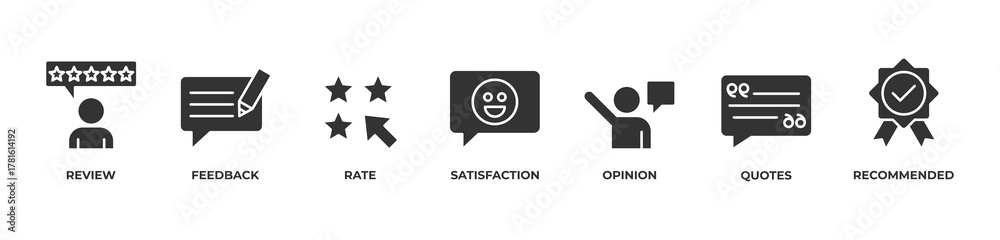 Naklejka premium Customer Insights Icons set vector illustration glyph with Review , Feedback, Rate, Satisfaction, Opinion, Quotes, Recommended