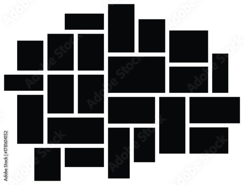 Empty Collage Photo frames. Mockup Frame layout for photo and brand grid with card illustration in black. Images portfolio presentation in different forms on wall. 