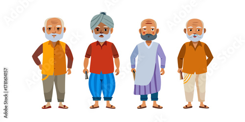 Elderly Indian Men in Dhoti Vector | Rural Villager Clipart | Traditional South Asian Senior Male Characters | Desi Old Men Illustration | Village Life Artwork
