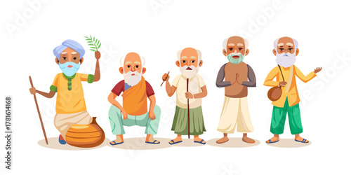 Elderly Indian Men in Dhoti Vector | Rural Villager Clipart | Traditional South Asian Senior Male Characters | Desi Old Men Illustration | Village Life Artwork
