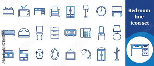 Bedroom line editable icon set, bedroom, bed, double bed, single bed, bunk bed, pillow, blanket, mattress, wardrobe, cupboard, dresser, bedside table, nightstand, lamp, table lamp and more