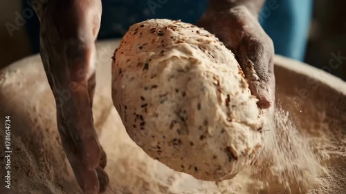 Medium shot of a closeup on fortified dough being kneaded enriched with seeds and grains for added nutrients.