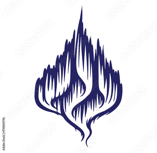 Abstract vector illustration of a stylized flame design in a deep indigo color against white