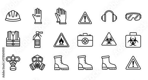 Set of safety equipment icons isolated on white background for industrial protection