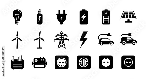 Set of alternative energy and electricity icons isolated on white background
