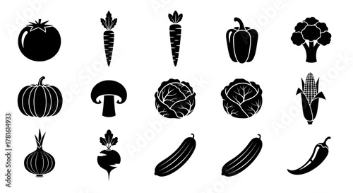Set of vegetable icons isolated on white background for healthy eating and cooking