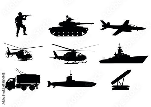 Army Vehicles Silhouettes. ector Collection of Tank, Helicopter, Submarine, and Missile Launcher