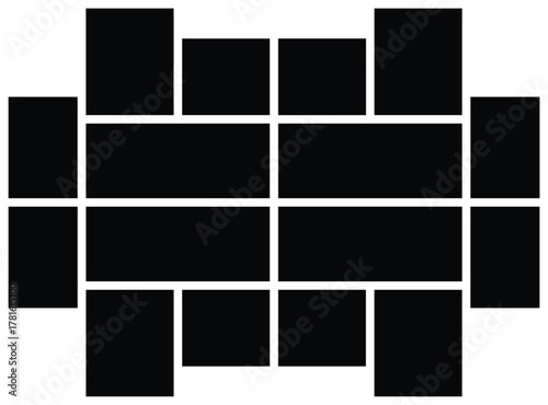 Empty Collage Photo frames. Mockup Frame layout for photo and brand grid with card illustration in black. Images portfolio presentation in different forms on wall. 