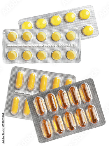 Fotografie overlapping blister packs containing various medicines, including yellow round tablets and amber liquid gel capsules, isolated on a transparent background