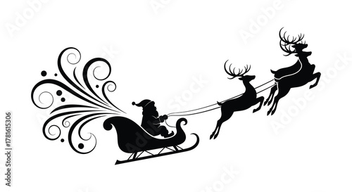 Whimsical black silhouette of santa claus in his sleigh pulled by reindeer with ornate swirling decorations silhouette
