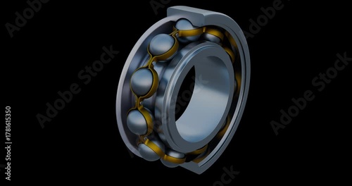 Spinning ball bearing with a cross section showing detailed components including the inner and outer race, steel balls, and brass cage.