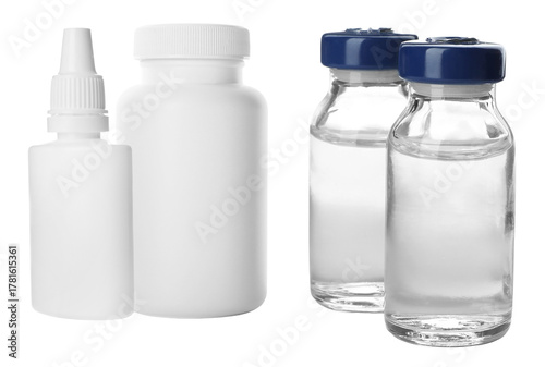pharmaceutical photograph showcasing various medicine containers including clear glass vials, a large white prescription bottle, and a small nasal spray bottle isolated against black.