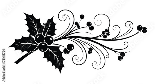 Elegant black silhouette of a holly branch with berries and swirling decorative elements silhouette