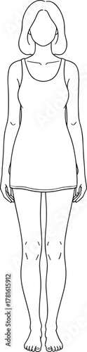 Female body outline in short dress, fashion sketch front view, anatomy figure illustration, woman template for design and drawing reference