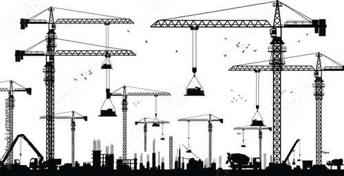 Construction site silhouette, tower cranes lifting materials, excavators working, cement mixers, steel rods, urban development, industrial machinery, black and white illustration