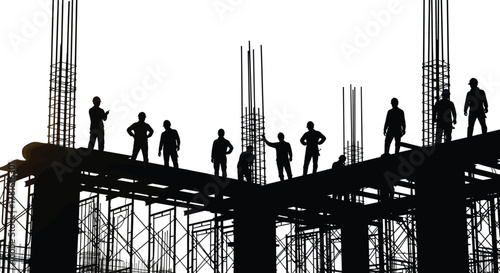 Construction workers silhouette, building framework, steel rebar, scaffolding structure, urban development, industrial site, engineering labor, high-rise construction, teamwork, architecture