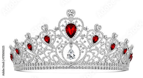 Elegant silver crown with red gems isolated on white background