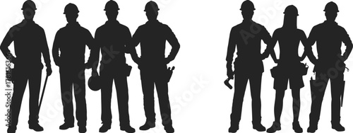 Construction workers, silhouettes, hard hats, teamwork, industrial labor, safety gear, tools, professional crew, job site, engineering, infrastructure, manual work, industry, occupational safety,