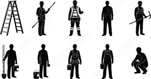 Construction workers silhouettes, tools and gear, safety equipment, industrial labor, teamwork, shovel, ladder, pickaxe, paint roller, helmet, vest, job site, manual work, tradespeople,