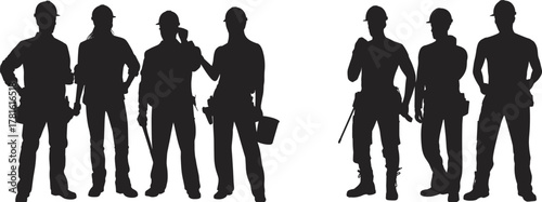 Construction workers, silhouettes, hard hats, teamwork, industrial labor, safety gear, tools, professional crew, job site, engineering, infrastructure, manual work, industry, occupational safety,