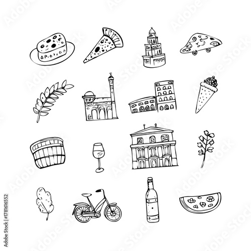 Hand drawn doodle set of italian food and landmarks