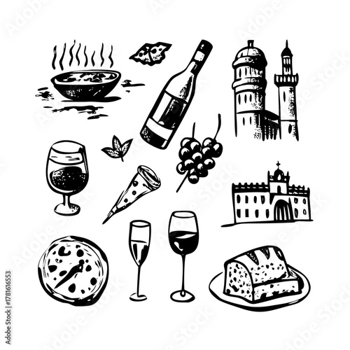 Hand drawn set of italian food and landmarks