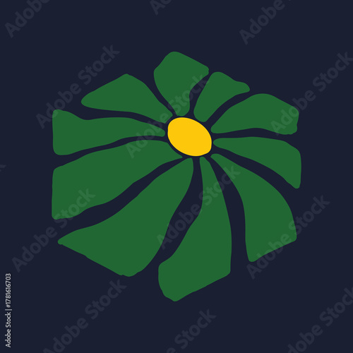 Abstract Hexagonal Flower Illustration with Green Petals and Yellow Center on Dark Blue Background