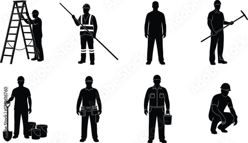 Construction workers silhouettes, manual labor, industrial tools, safety gear, teamwork, job site, hard hats, shovel, ladder, technician, foreman, painter, inspector