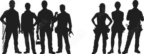 Silhouettes, construction workers, teamwork, hard hats, tools, labor force, industrial crew, job site, manual work, safety gear, skilled professionals, unity, infrastructure, engineering, tradespeople