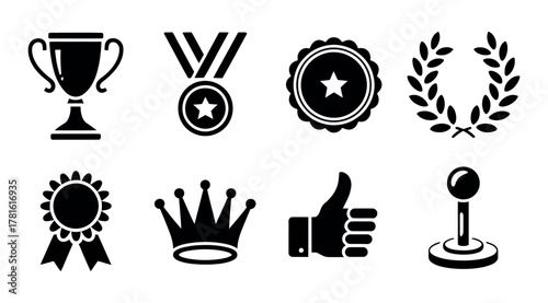 Versatile vector icon collection representing achievement, success, recognition, victory, awards, and gaming concepts for diverse digital design applications